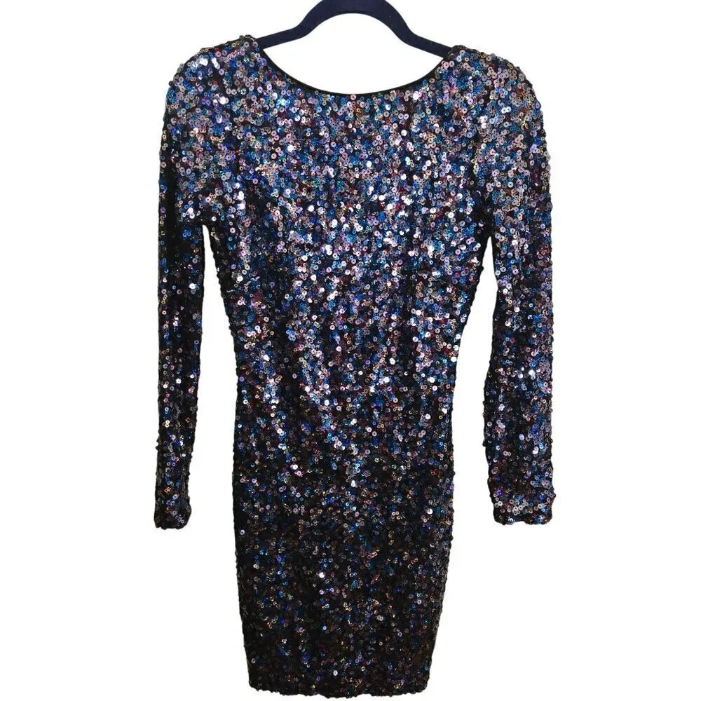 Dress The Population Lola Sequined Dress Blue Multi Open Back Bodycon Size S
